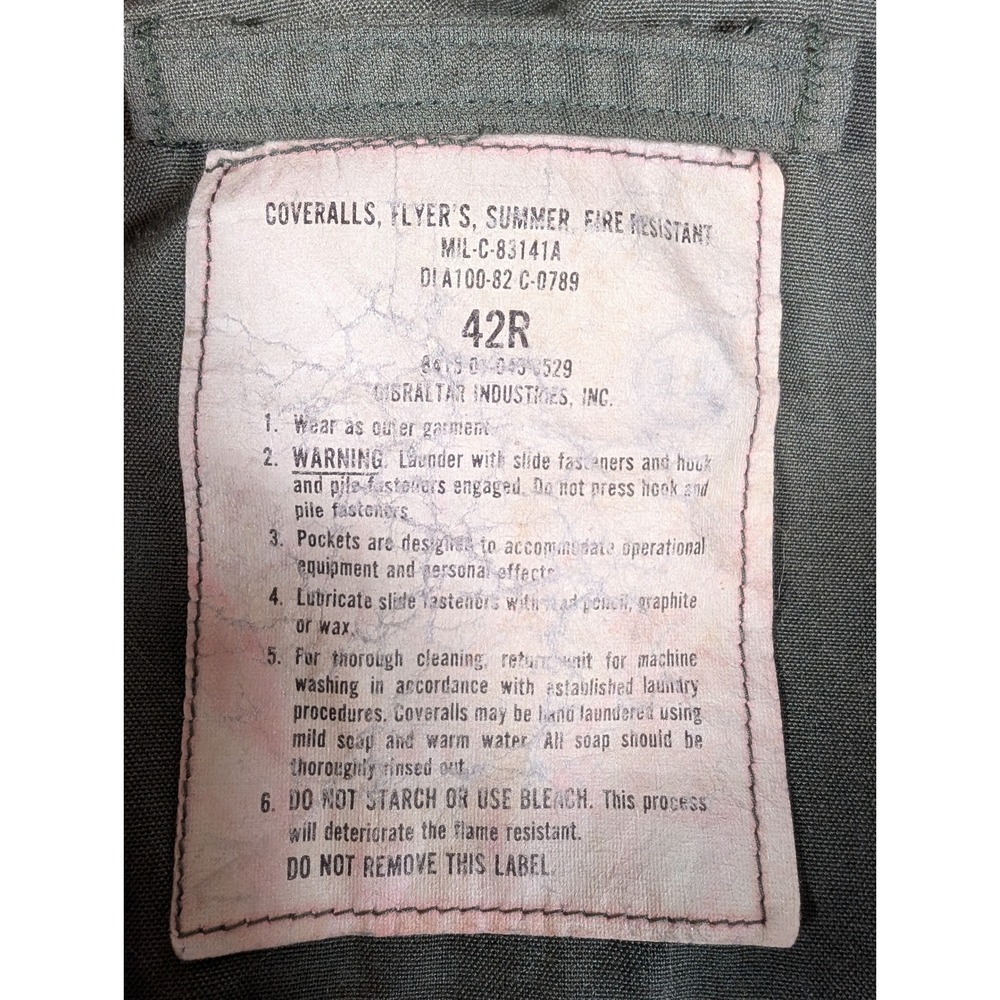 Gibraltar Industries Mens 42R Green Flight Suit Coveralls MIL-C-83141A CWU-27/P - Picture 3 of 7